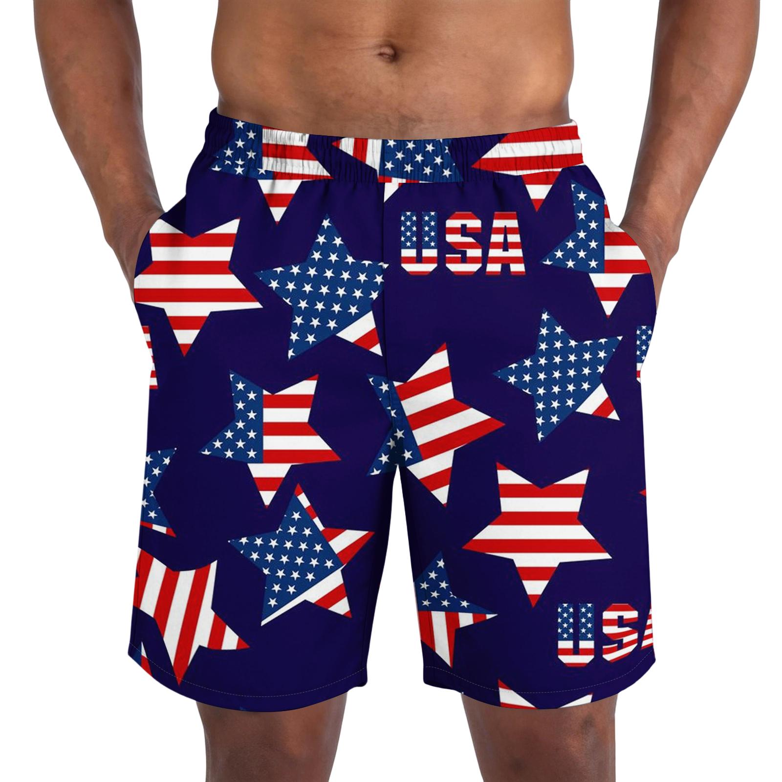 Men s Casual Trendy Independence Day Printed Shorts, Lightweight Breathable Athletic Shorts For Men L синий