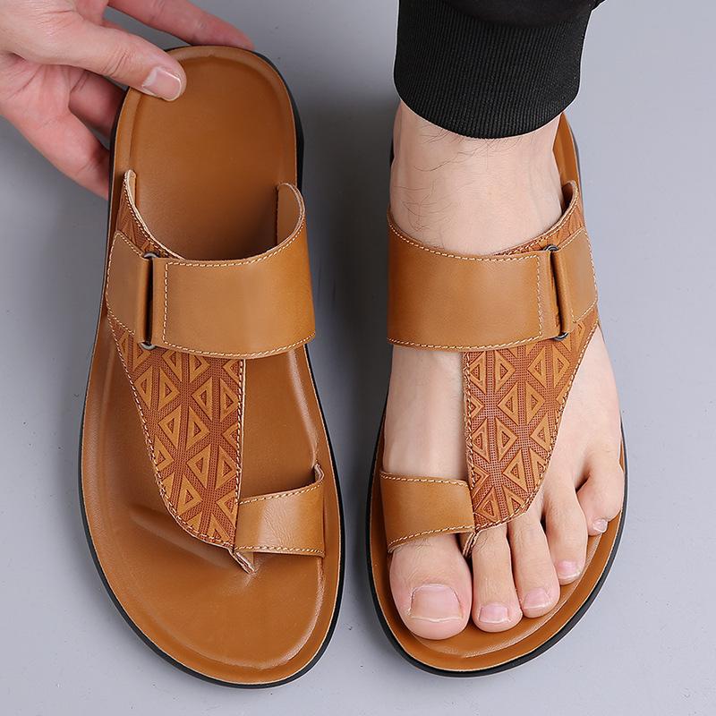 

Plain version dynamic cool slippers men s summer flip-flops men s cowhide sandals men s shoes first layer cowhide beach shoes 48 светло-коричневого