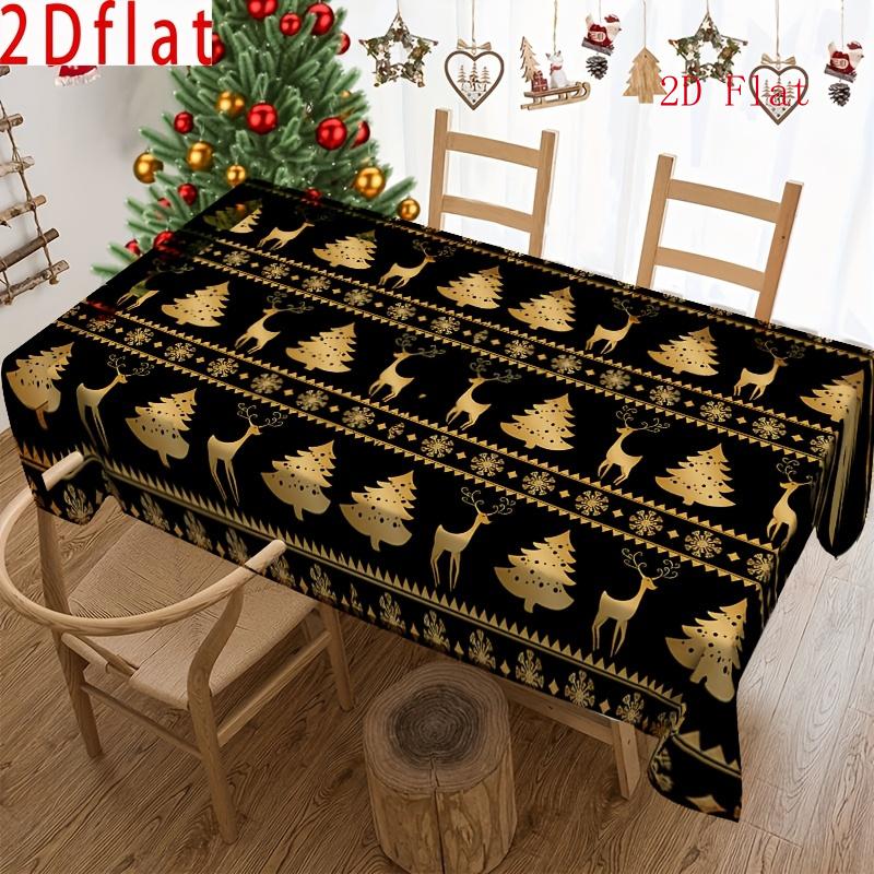 2D Flat 1pc- Golden Christmas Tree and Reindeer Tablecloth- Essential Holiday Decoration, Winter Tablecloth, Polyester Material, Rectangular, Suitable