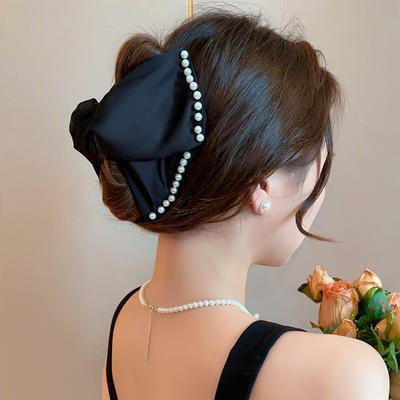 Black Grab Clip Women's Satin Pearl Shark Clip 2025 New French Semi-tie Hairpin Back Head Disc Hair Clip