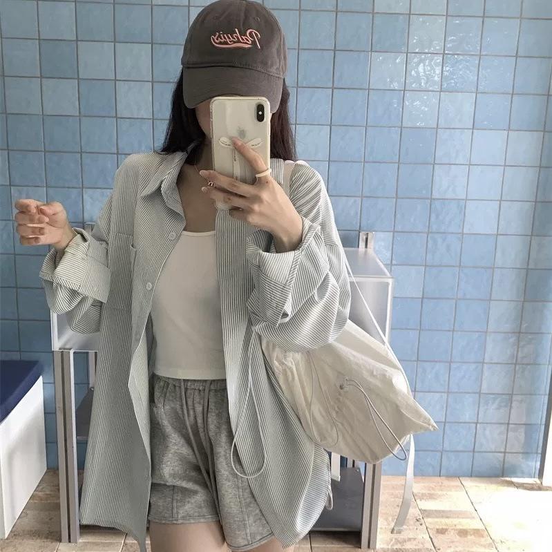 Korean Style Yellow Striped Long Sleeve Mid-Length Shirt Jacket for Women