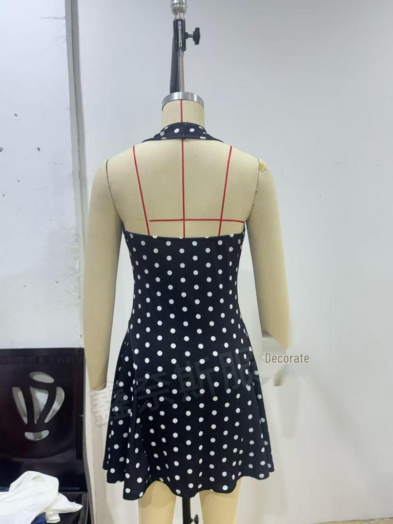 2026 Cross-border Sleeveless Halter Deep V Polka Dot Open Back A-line Mini Dress for Women