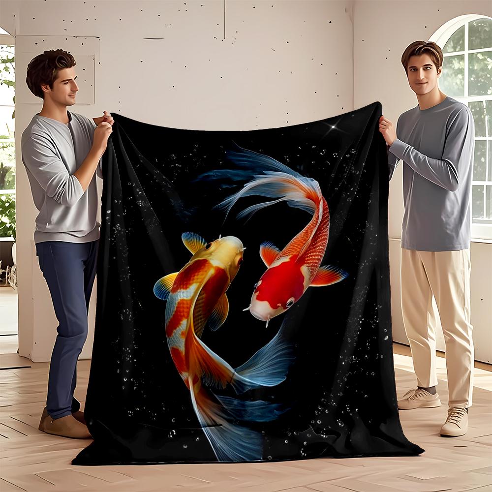 Two Graceful Koi Fish Swirling In Harmony Flannel Blanket for Bedroom, Living Room, Sofa, and Nap Sofas.