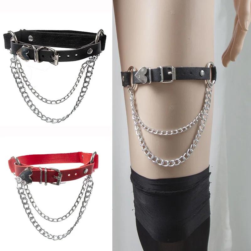 1PC Metal Tassel Fashion Punk Leg Loops Adjustable Love Heart Chain Gothic Leg Ring Sexy Pu Leather Irregular Suspender Leg Chain