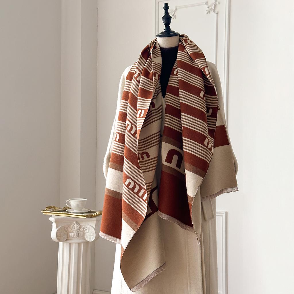 Elegant Striped Design Scarf Imitation Cashmere Soft Warm Versatile Shawl Coldproof Windproof Blanket Scarf For Autumn Winter