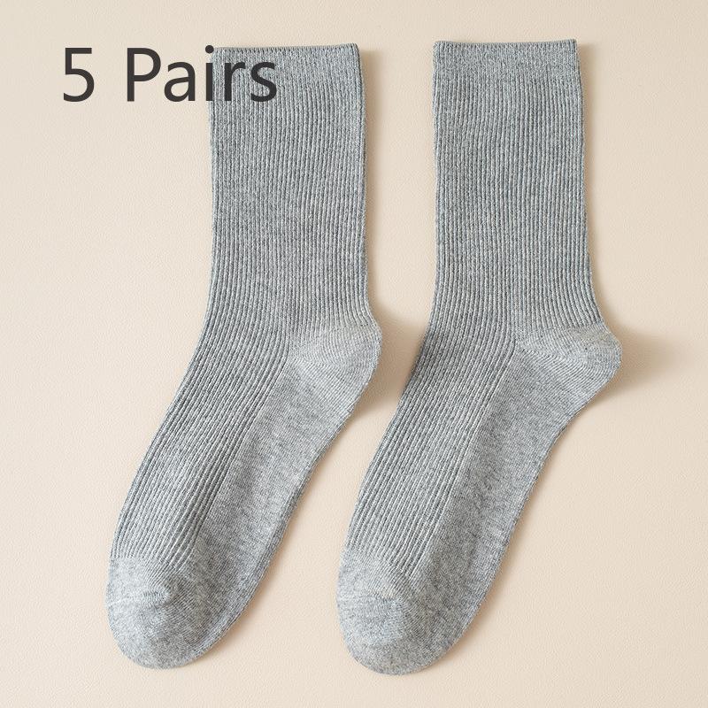 5 Pairs Boneless White Socks Women's Mid-calf Socks Autumn and Winter Cotton Tide Grey Double Needle Anti-pilling Long Stacked Socks