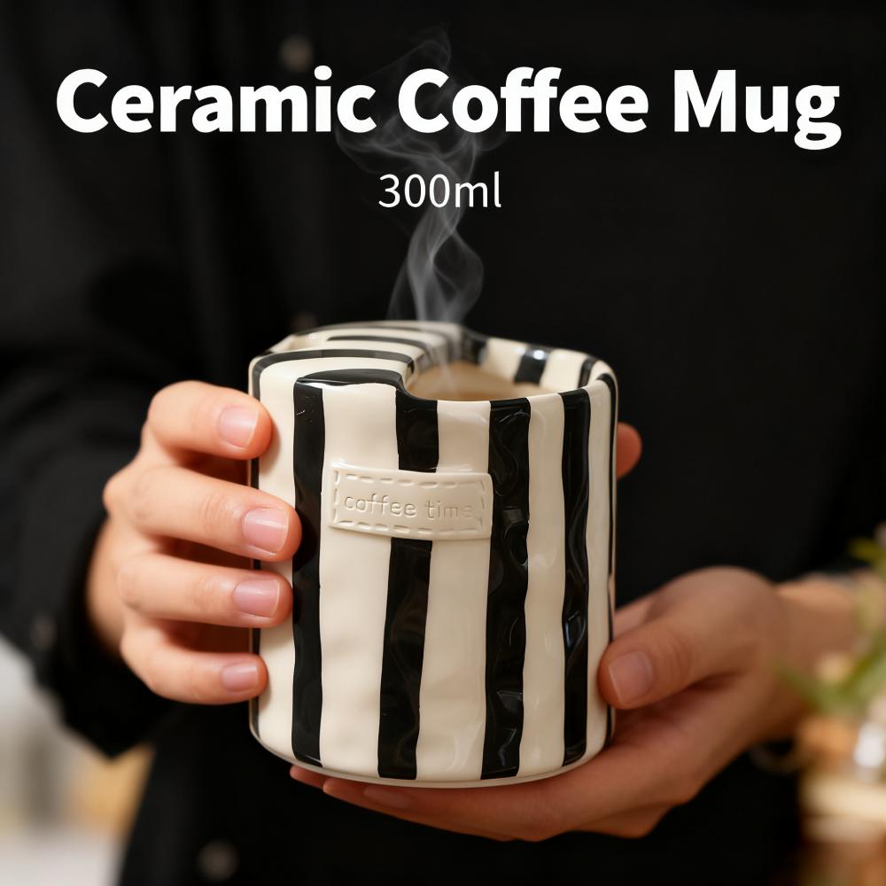 Hand-Painted Stripes Ceramic Coffee Mug 300ml Retro Tea Cup Christmas Gift Heat-Resistant Juice Milk Drinkware Breakfast Cup