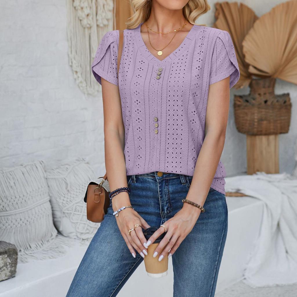Women's Fashion V-neck T-shirt Court Lock Hollow Short-sleeved Casual Tops