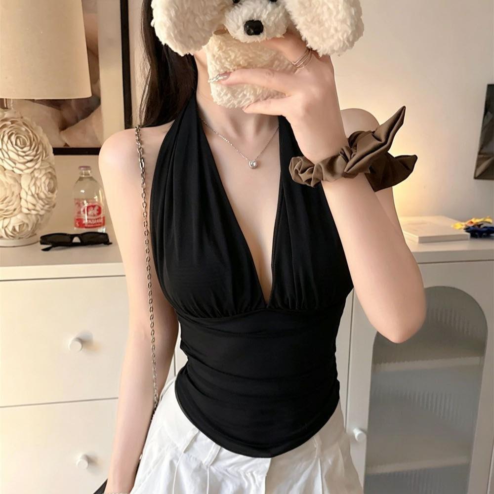 With chest pads, sexy mesh neck sling vest for women's summer spice V-neck pleated waist top