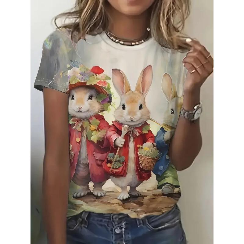Full color Easter bunny and egg flower women's T-shirt casual short sleeved shirt