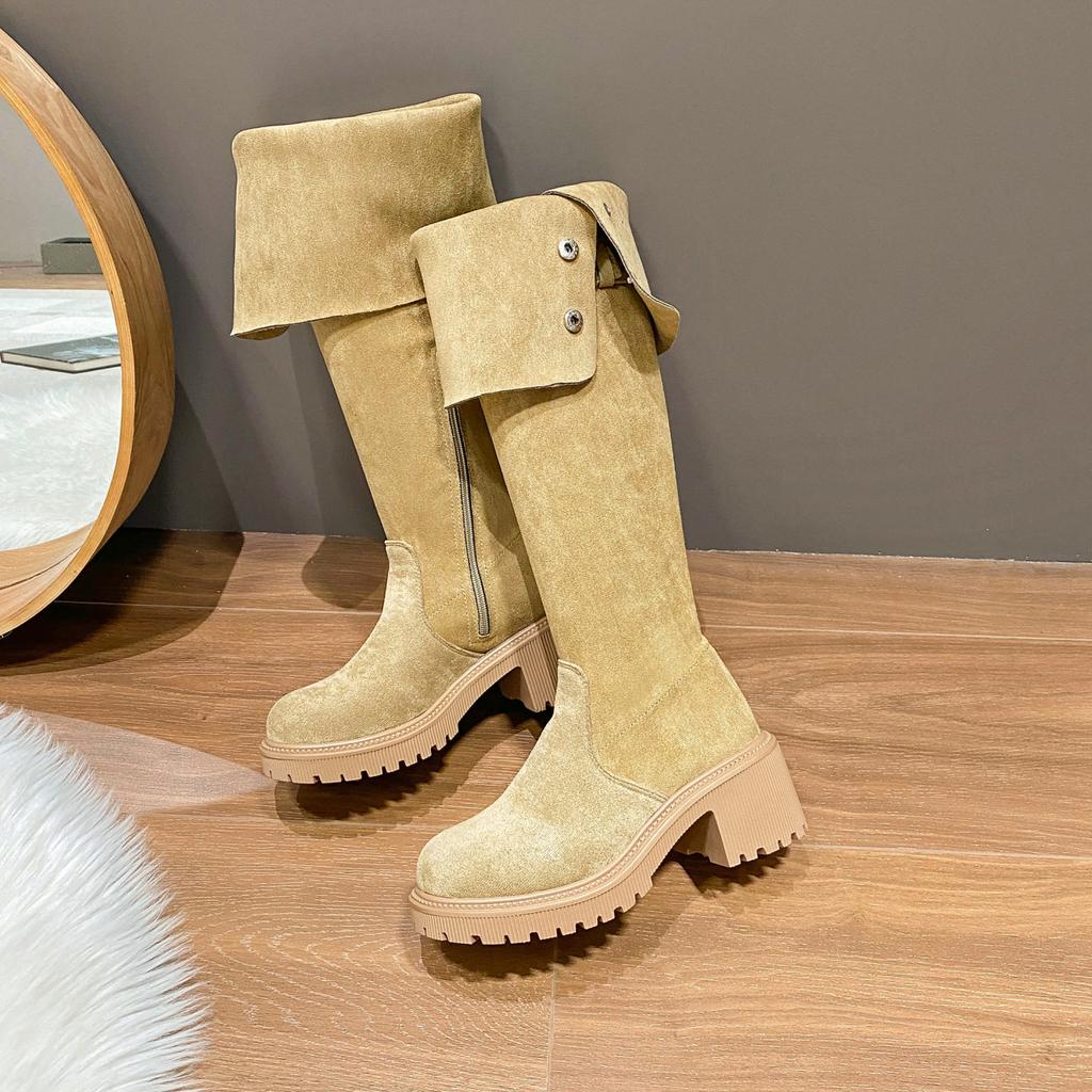 Otoño Nuevas Botas Altas hasta la Rodilla para Mujer Punta Redonda Tacón Grueso Ante Botas de Montar para Mujer Vestido Damas Zapatos de Plataforma