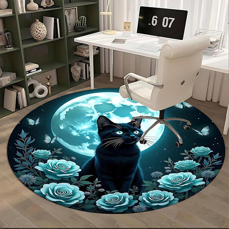 1pc Anime Design Round Carpet Blue Rose & Butterfly Moon Office Chair Mat, Non Slip Rug for Home Decor, All Seasons