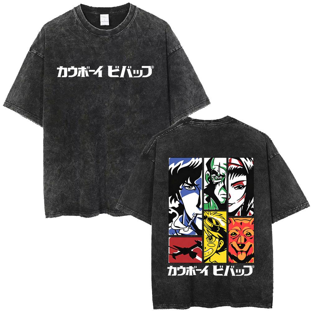 Washed Vintage Anime Cowboy Bebop Spike Spiegel See You Space Cowboy Graphic T-shirt Manga Retro Oversized T Shirts Unisex