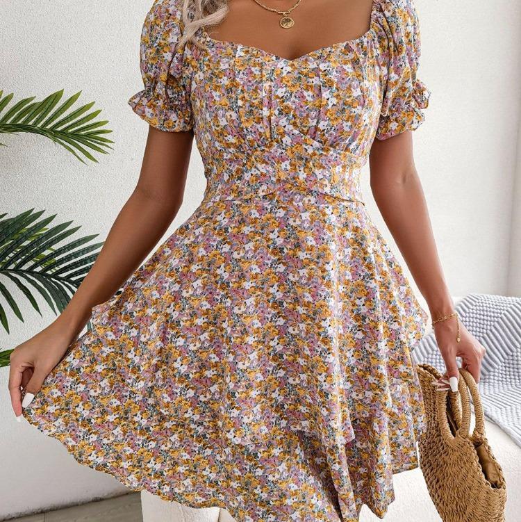 Sommerliches Blumenkleid für Damen Quadratischer Ausschnitt Kurze Ärmel Schnürung Temperament Frühling S-XL