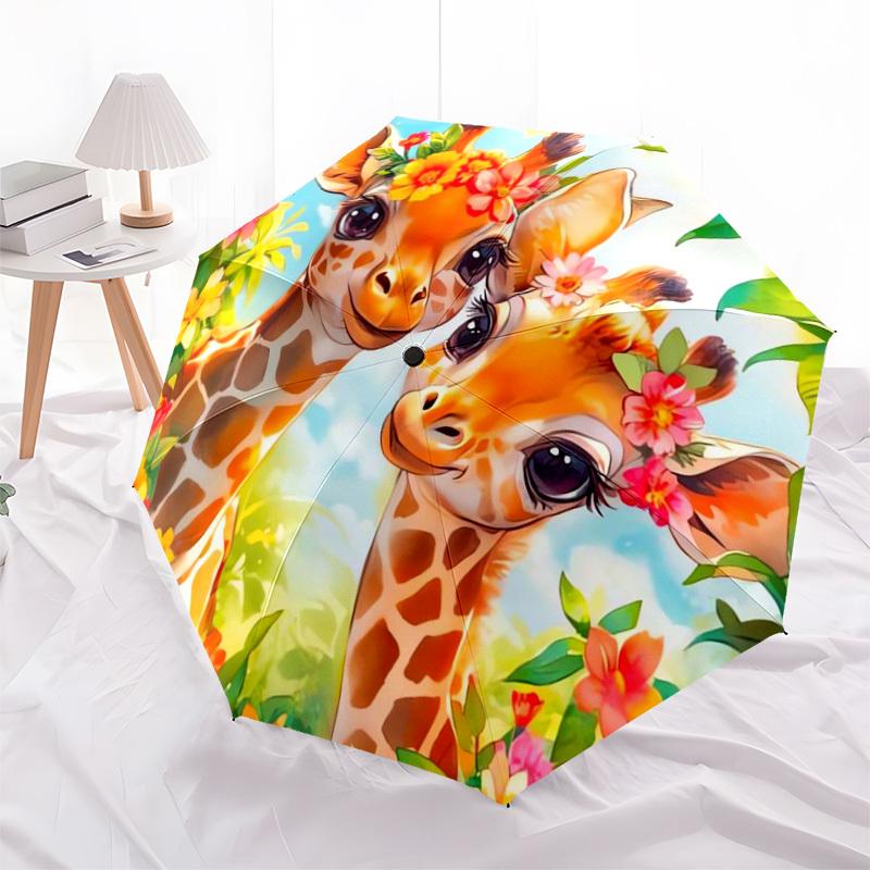 1pc Giraffe Floral Garden Umbrella with Plastic Handle,Suitable for All Seasons Home Travel Outdoor UmbrellaDD308