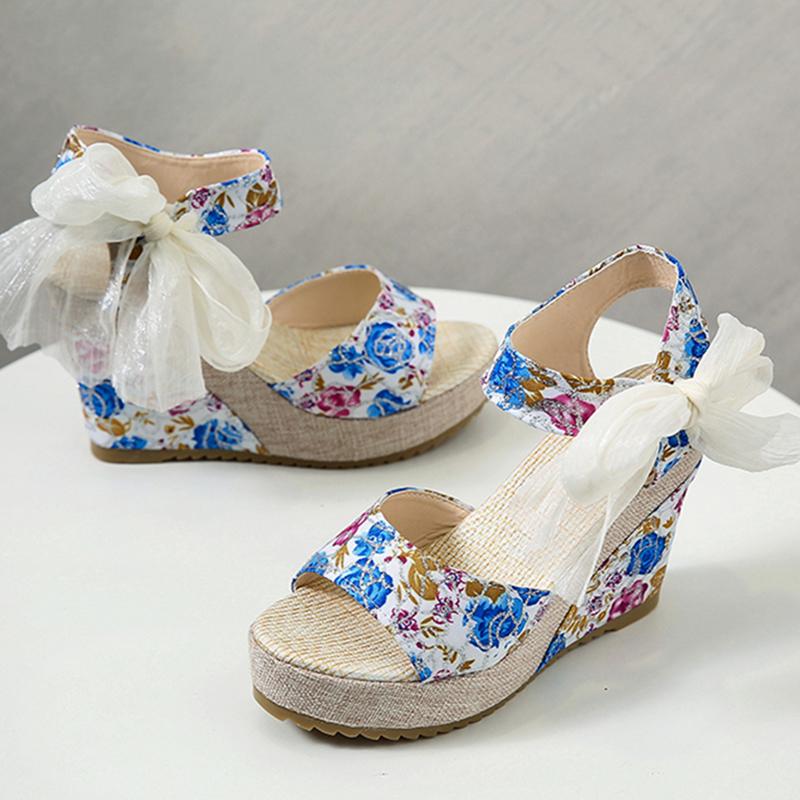 Fashion Elegant Flower Print Open Toe Sandal Women Fashion Bow Knot Super High Heel Sandals Woman Party Wedding New Wedge Sandal Female