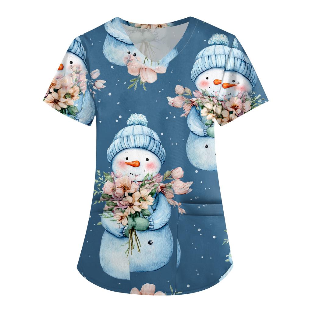 Women's Printing Uniform Work Uniform V-neck Pockets Basic Short Sleeve Pullover Top