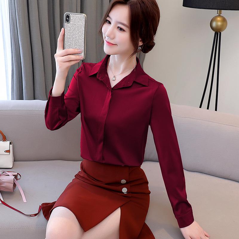 1111 Autumn New Satin Shirt Professional Long Sleeve Top Slim Bottom Lapel Solid Color Shirt Women's Lining
