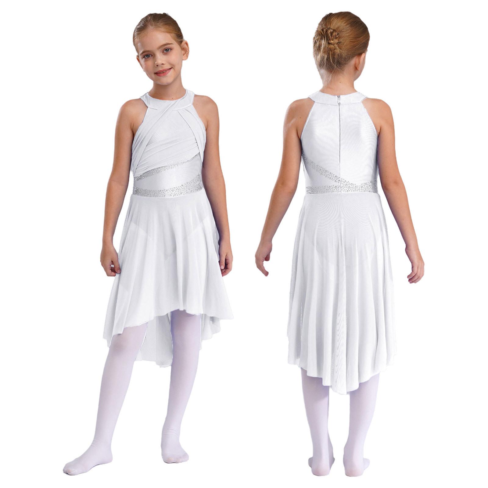 IEFiEL Kinderen meisjes mouwloos glanzend strass lyrisch ballet turnpakje jurk hedendaagse moderne latin dans kostuum 7-8 Years wit