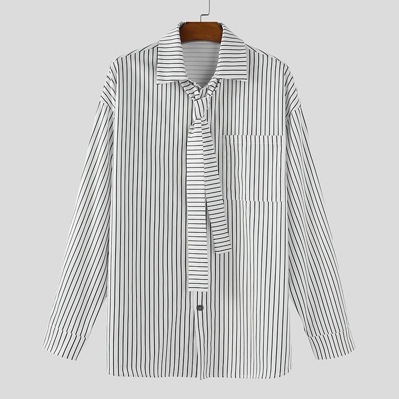 

INCERUN S-5XL Men Turn-down Collar Tie Up Long Sleeve Striped Casual Loose Shirts S чёрный