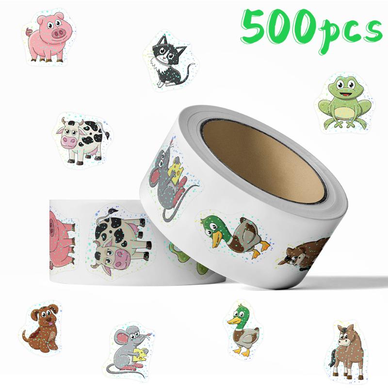 500Pcs/Roll Cute Animal Stickers Cartoon Self Adhesive Waterproof Decals Kids Diy Scrapbook Journal Reward Craft Decor Decals