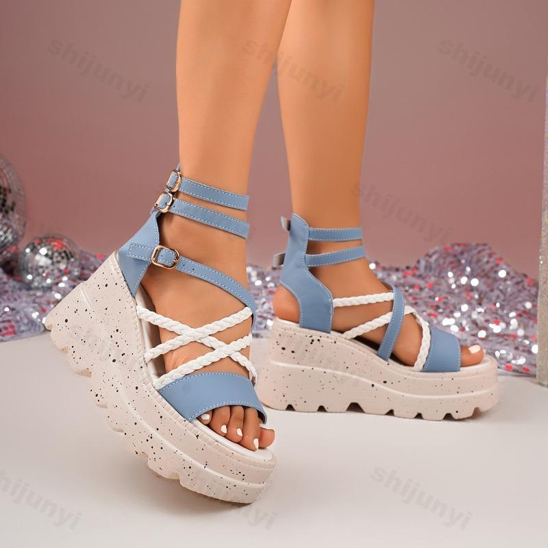 Fashion 2025 Summer New Strap Slope Heel Sandals for Women Elegant Thick Bottom Waterproof Platform Design Party Fashion High Heel Pumps
