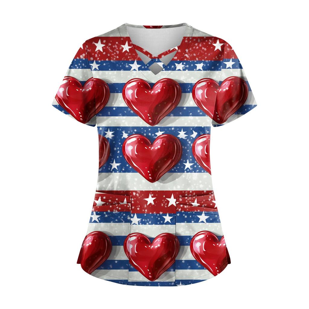 Women's Short Sleeve Stagger V Neck  Print Pocket Dry-nurse Top