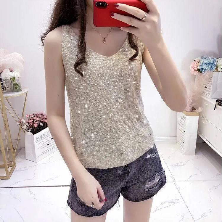 Summer Women's Ice Silk Diamond Camisole Loose Sleeveless V-neck Bottoming Shirt Tank Crop Tops