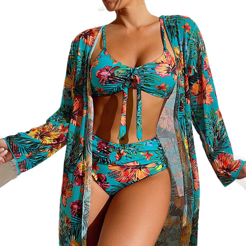 Women's Long-Sleeve Bikini Set with Cover-Up and High-Waisted Shorts