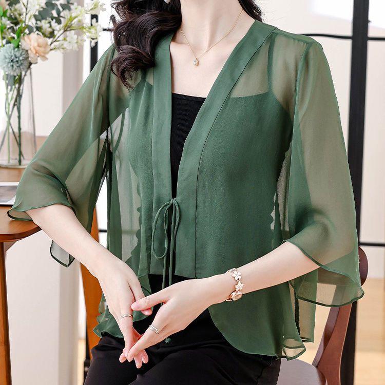 Thin Breathable Seven Quarter Sleeve Chiffon Shirt for Women's Summer New Outfit, Shawl Cardigan Jacket, Fashionable Sun Protection Top