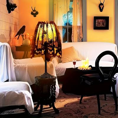 1pc Black Polyester Halloween Lace Lampshade Topper Scarf Cover Decoration, 20 X 60 Inch, Spider Web Design with Ribbon Detail