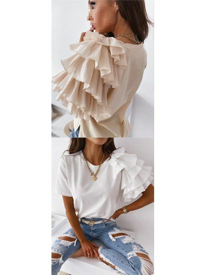 2026 Summer Fashion Women's Ruffle Short Sleeve Round Neck T-shirt, European and American Style