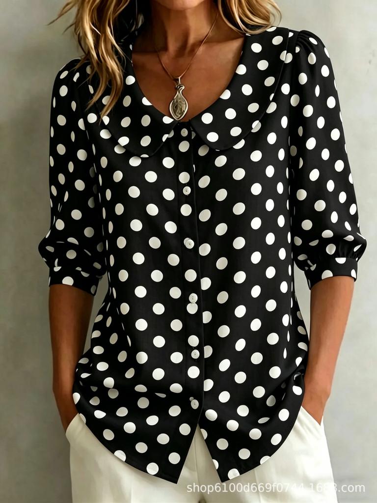 Women's Polka Dot Peter Pan Collar Puff Sleeve Blouse White Black Casual Shirt