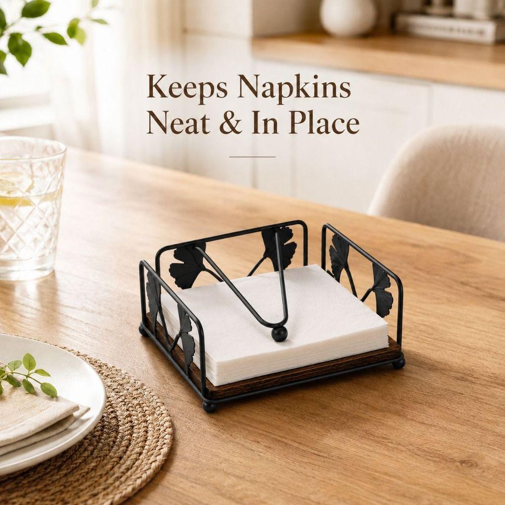 Iron Tissue Holder Solid Wood Base Paper Dispenser Tissue Dispenser Napkin Holder Kitchen Office