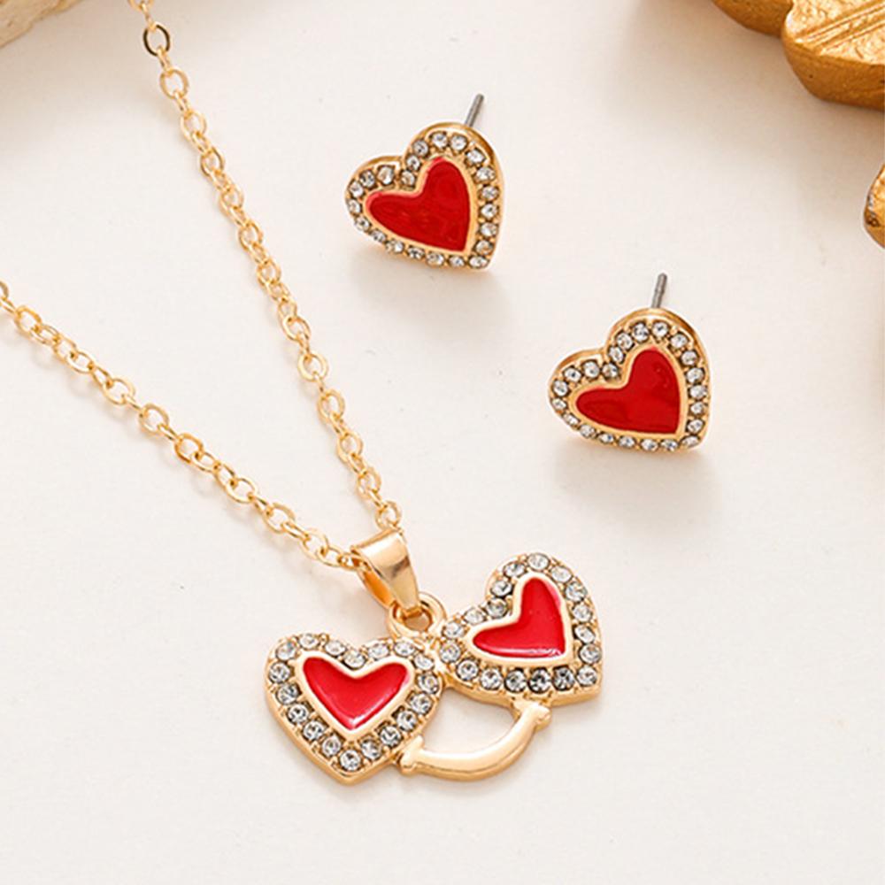 4 Piece Set Women Oil Dripping Love Highend Feeling Diamond Studded Fashionable Peach Heart Ring Earring Necklace Set Accessorie