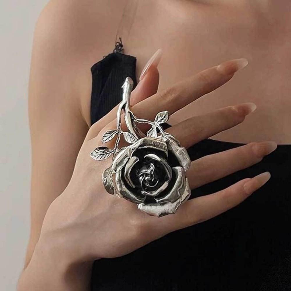 Vintage Rose Ring 3D Oversized Ring Elegant Double-Finger Ring  for Women