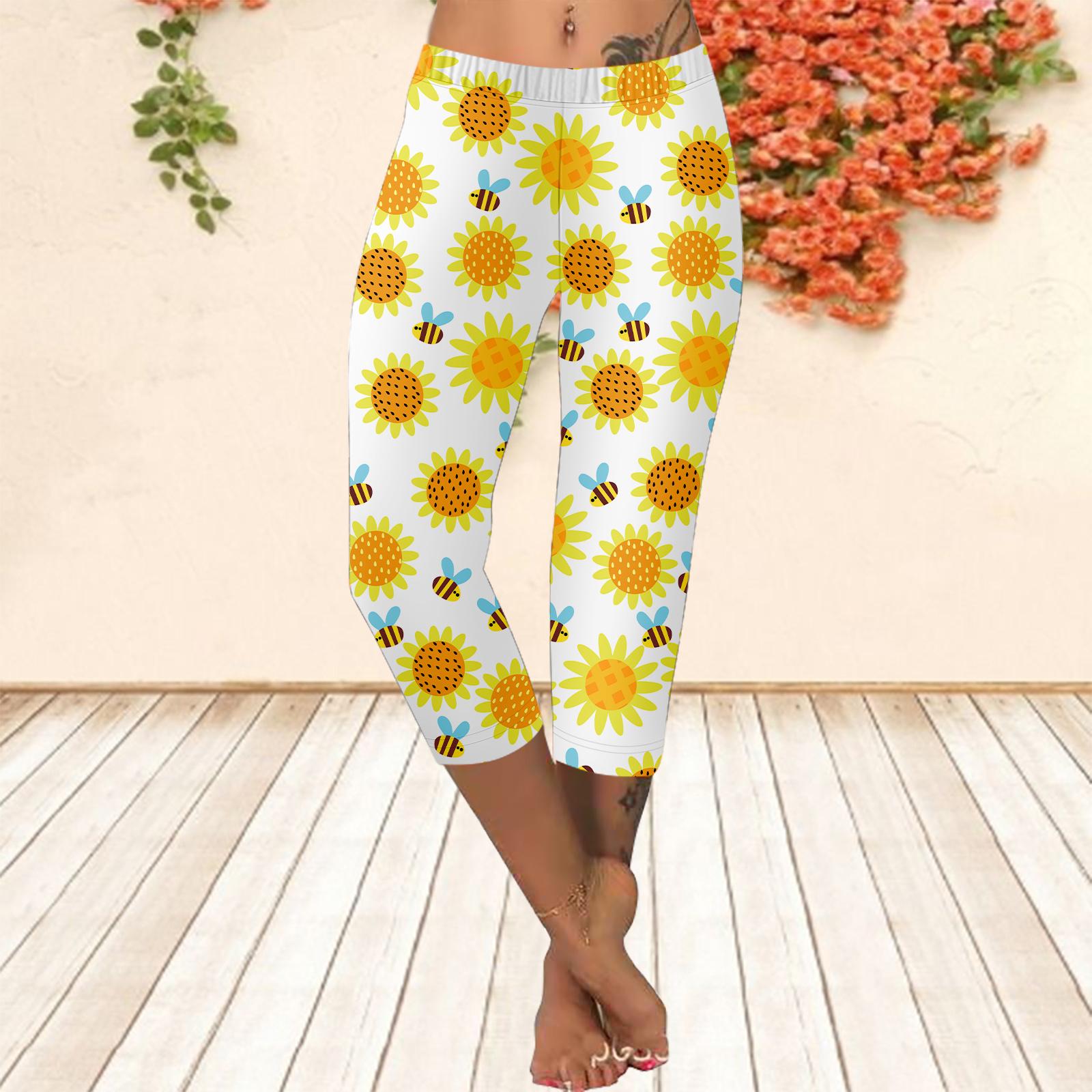 

Довгі штани, літні короткі легінси, короткі вузькі штани, легінси великого розміру Жіночі приталені 3D-білі довгі штани з квітковим принтом XS жовтий