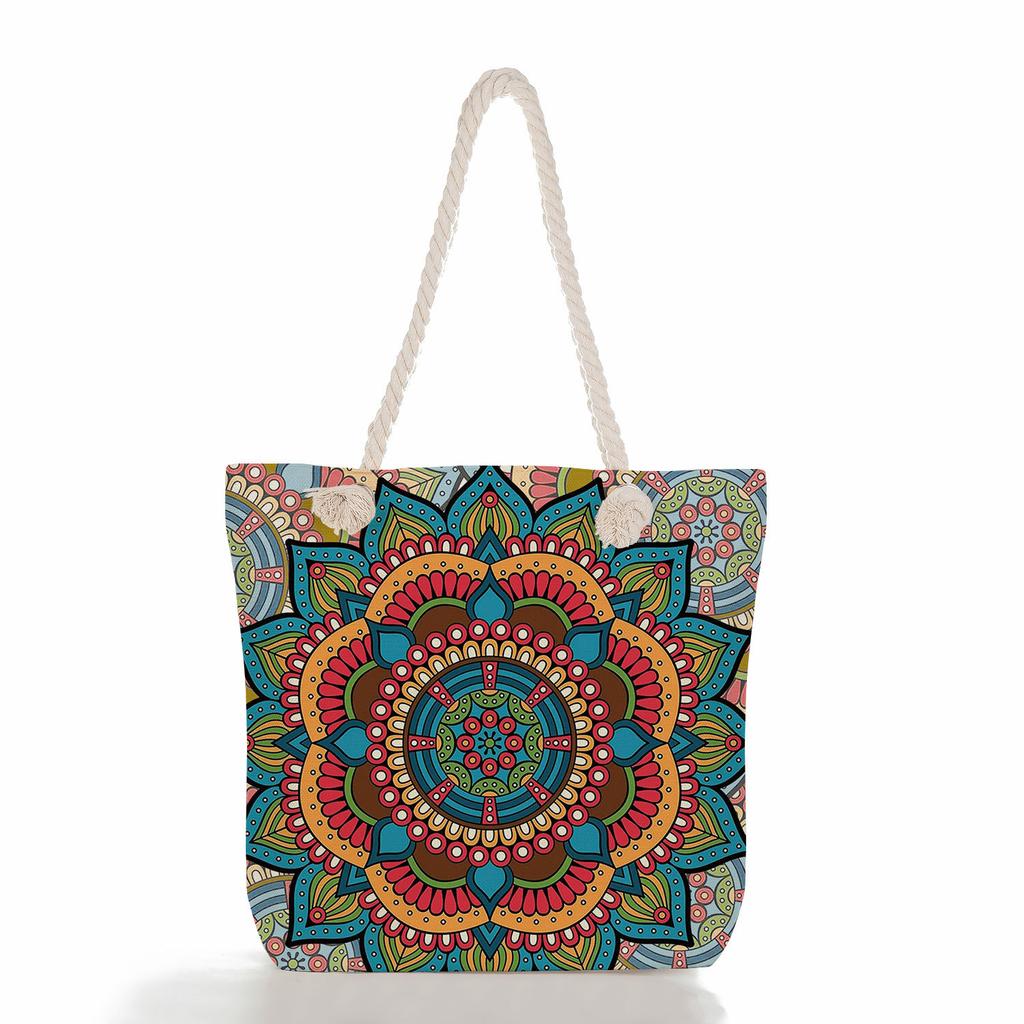 Multifunctional Mandala Printed Thick Rope Shoulder Beach Bag Casual large capacity handbag 7618