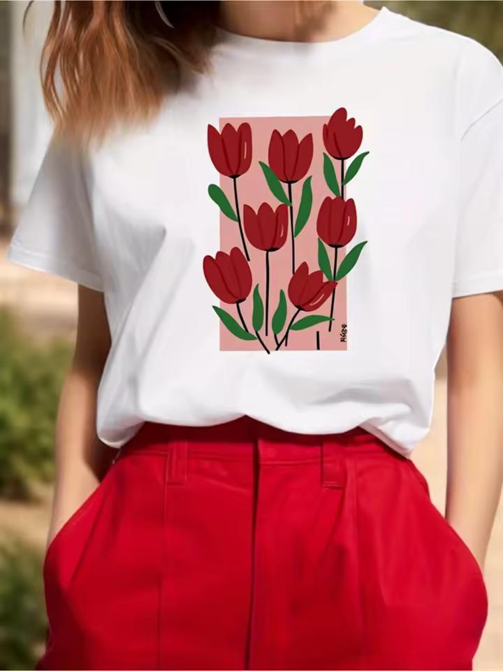 White Short Sleeve T-Shirt with Red Tulip Flower Print Summer Light Beige-Friendly Casual Blouse Daily Wear Aesthetic Clothes
