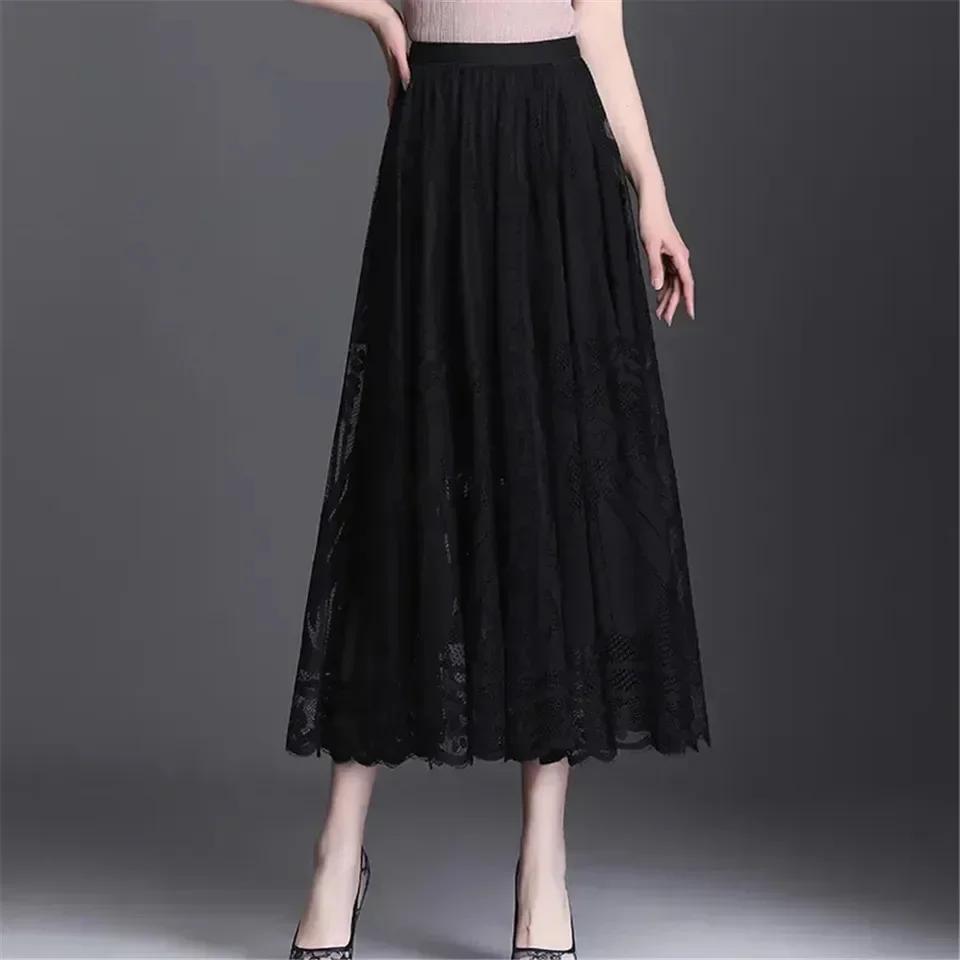 Damen Vintage Sexy Hohlspitze Hohe Taille Elegant Party Langer Rock Sommer Mode Schwarz Plissiert Fee A Linie Maxi Röcke