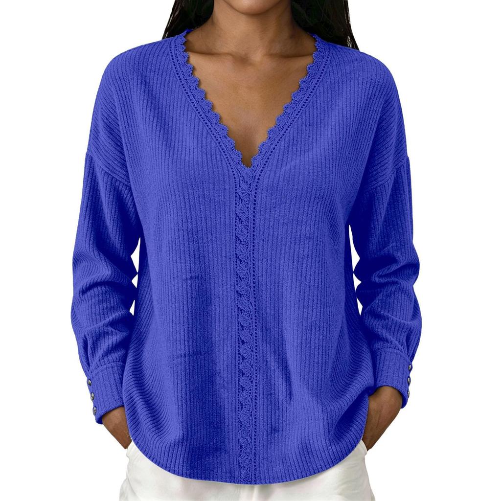 Women's Fashion Color Lace V-Neck Long Sleeve Loose Fit Blouse