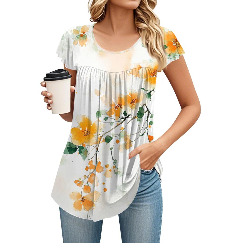 Women's Round Neck Short Sleeve Mid Length T-Shirt Loose Casual Short Sleeve T-Shirt Top