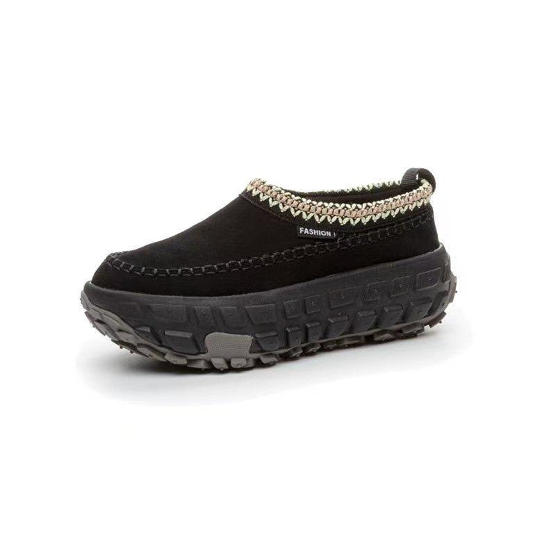 Winter New Leather Thick Velvet Tire Bottom Snow Boots Women's Retro Famous Style One-pedal Lazy Women's Cotton Boots