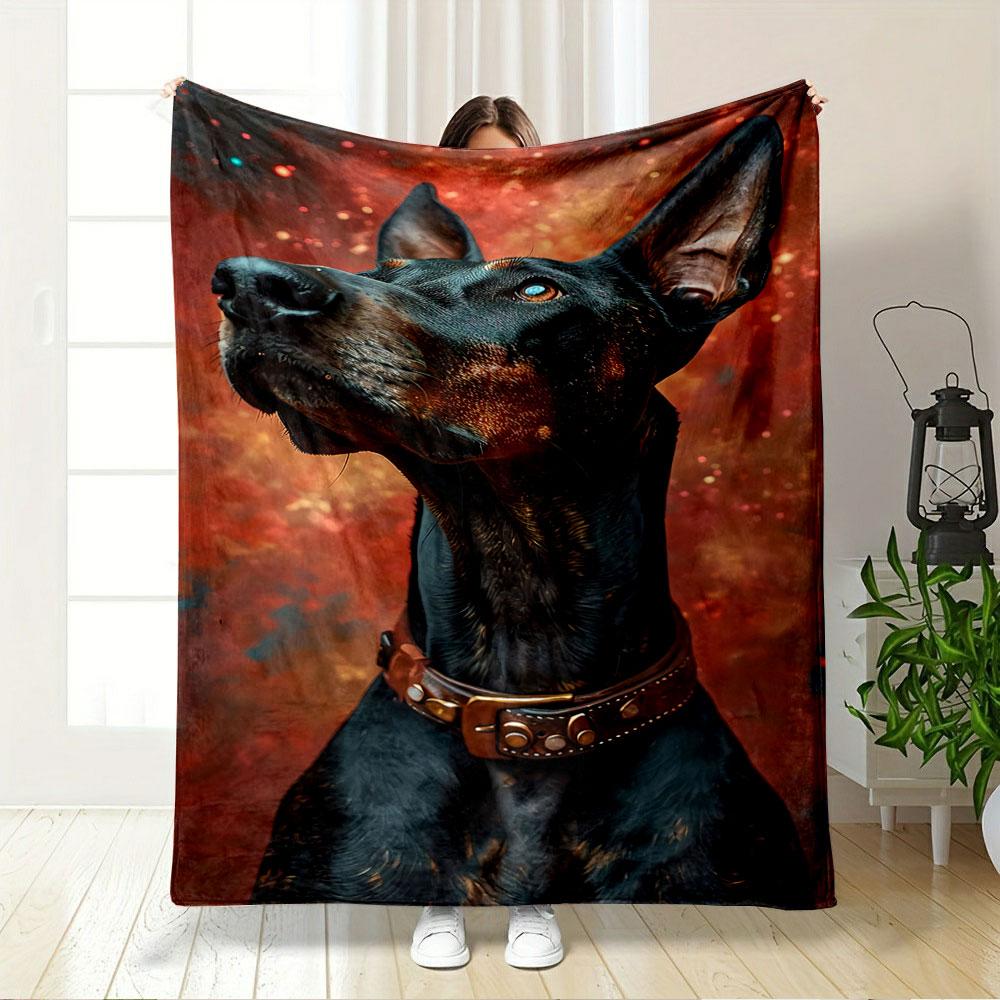 A black Doberman with a studded collar against a fiery, glowing backdrop. for all seasons blanket lunch break throw gift