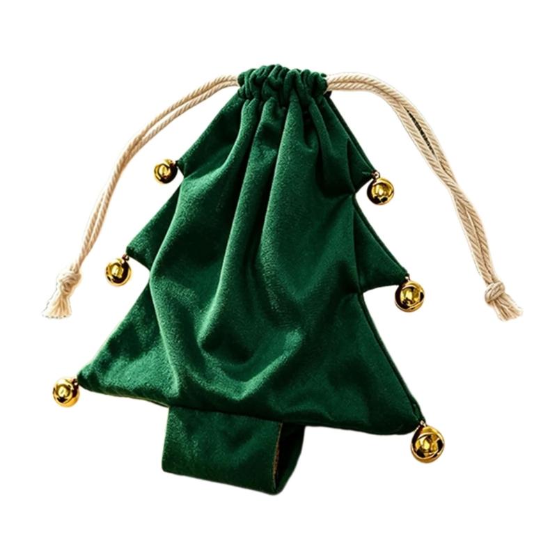 Soft Fabric Christmas Treat Bag Tree Ornament with Pull Cord Opening for Small Gifts and Holiday Table Display