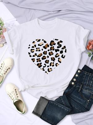 Simple Womens Tshirt Broken Leopard Heart Casual Fashion Soft Clothing Harajuku Comfortable Womens Short Sleeve Tops