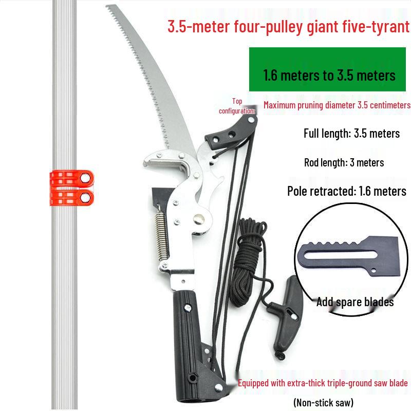 Aluminum Alloy Telescopic Pole and Pruner with High Branch Saw for Tree Pruning.