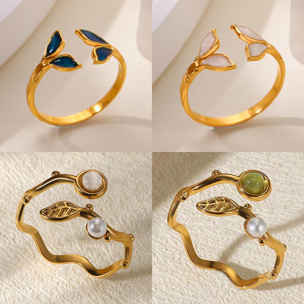 Edelstahl Grüne Blatt Wellenringe 18K Vergoldet Anti-Fading Offener Ring für Damen Hochzeits Schmuck Urlaubs Accessoires Geschenk