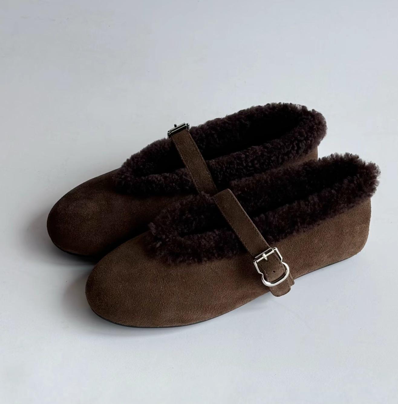 Wool Mary Janes Women Flats Heels Lambs Fur Shoes Ladies Belt Buckle Furry Ballerines Cozy Warm Loafers Female 34 кофейный 5130₽