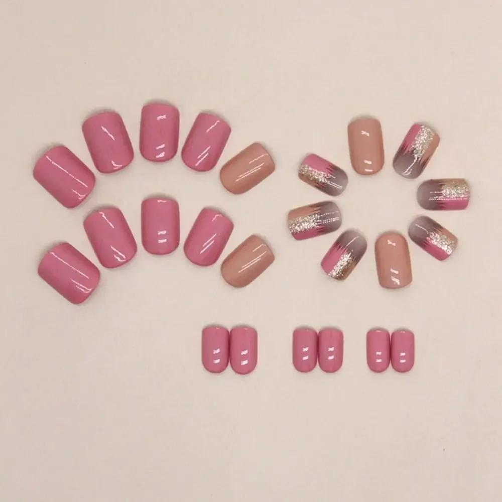 French False Nails Fashion Short Round Aurora Slices Fake Nails Flowers Leaves Pink Silver Tiger Stripe Nail Tips for Salon